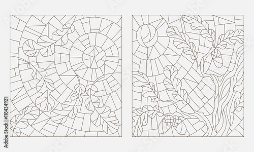 Wallpaper Mural Set contour illustrations of the stained glass Windows on the theme of autumn, the oak leaves on background sky and sun Torontodigital.ca