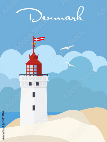 Denmark Holidays poster with Rubjergs Knude lighthouse in the dunes