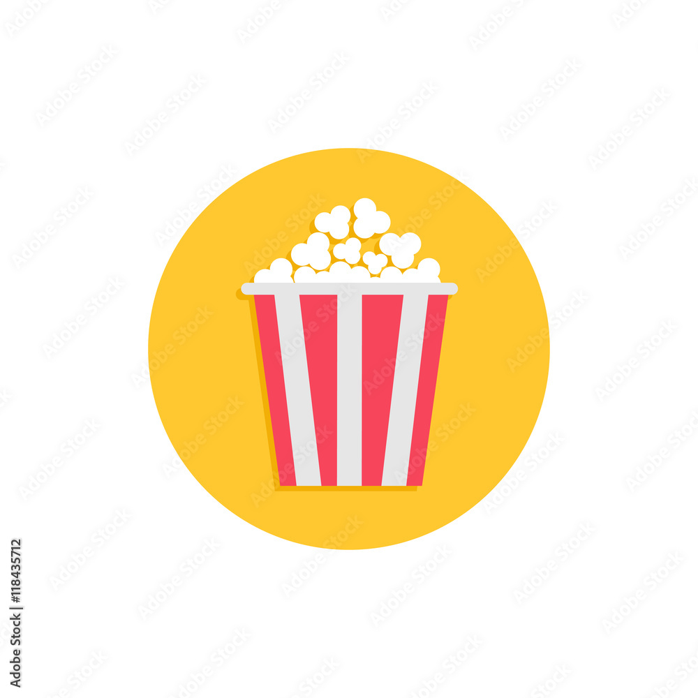 Popcorn. Cinema round circle icon in flat design style. Movie cinema icon. Tasty food. White background. Isolated.