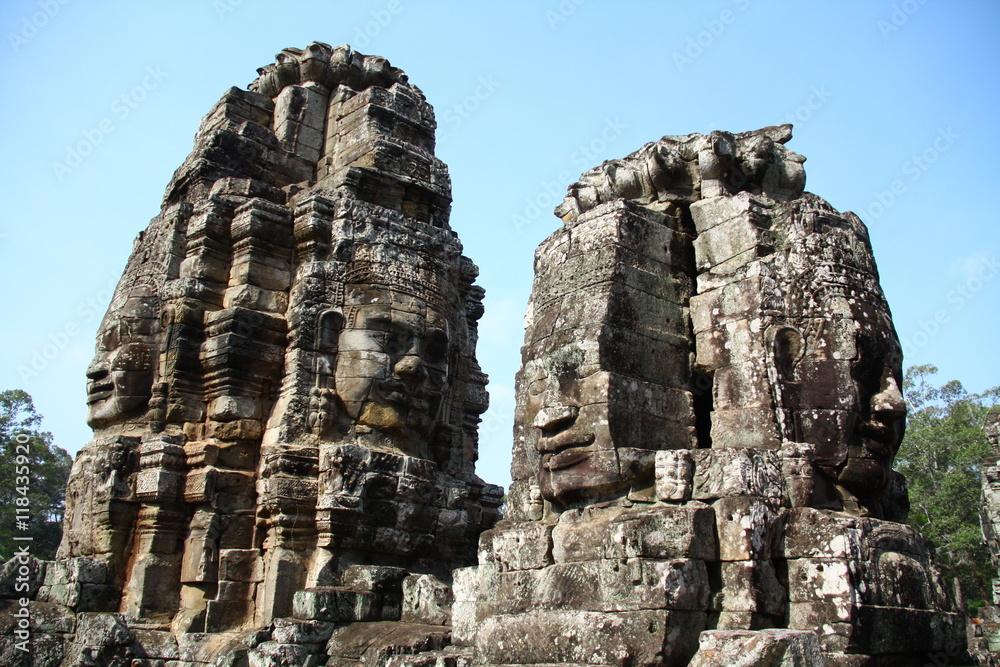 April 2012, Bayon faces at Angkor Thom, Cambodia. The ancient construction related to Khmer's history and religious.