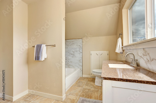 Bathroom interior with vanity cabinet and granite counter top