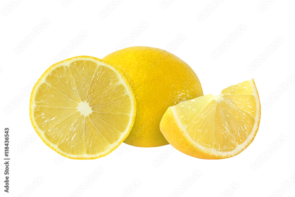 cut and whole lemon fruits isolated on white background with cli
