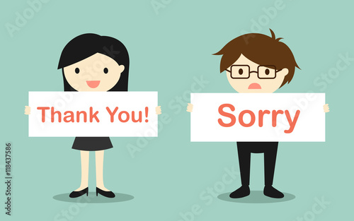 Business concept, Business woman holding 'Thank you!' banner and businessman holding 'Sorry' banner. 