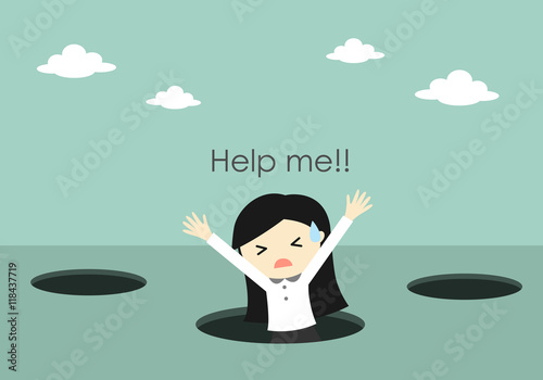 Business concept, Business woman fall into the hole and need help. Vector illustration.