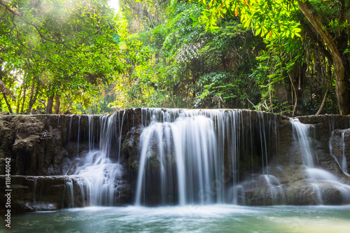 Waterfall deep forest scenic natural sunlight at huai mae khamin national park  kanchanaburi  thailand