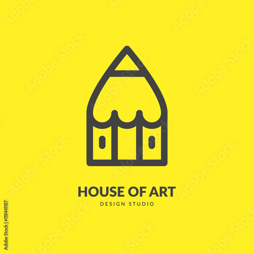 Artistic logo concept. Combination of "house" and "pencil". Line art illustration. Applicable for chancellery,stationary,art studio etc. Vector eps10.