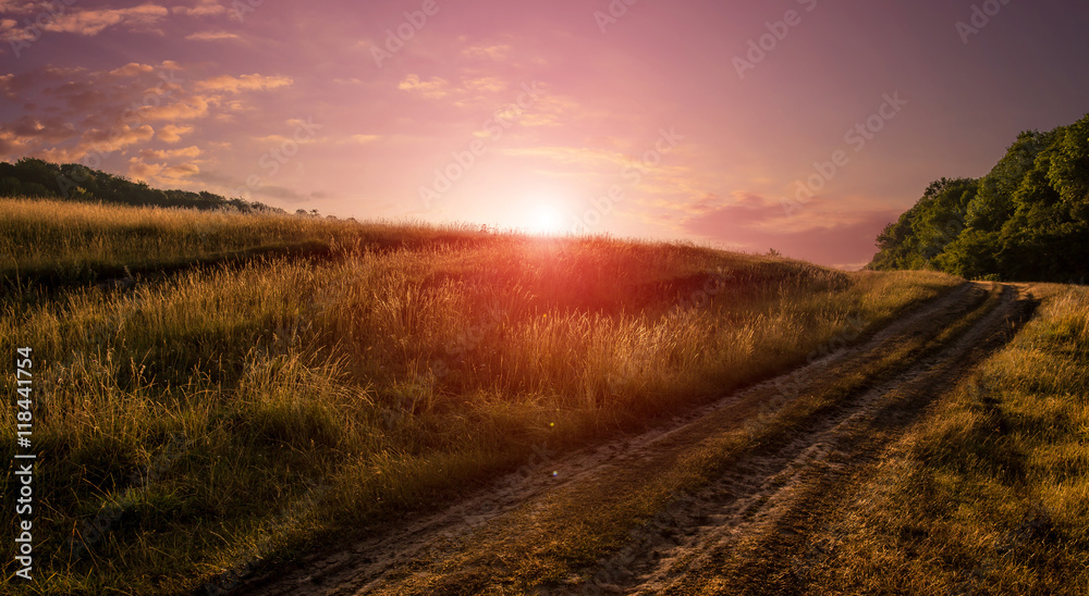 Field and a dirt road on the sunrise. magnificent picturesque scene. majestic sunset, amazing rural landscape
