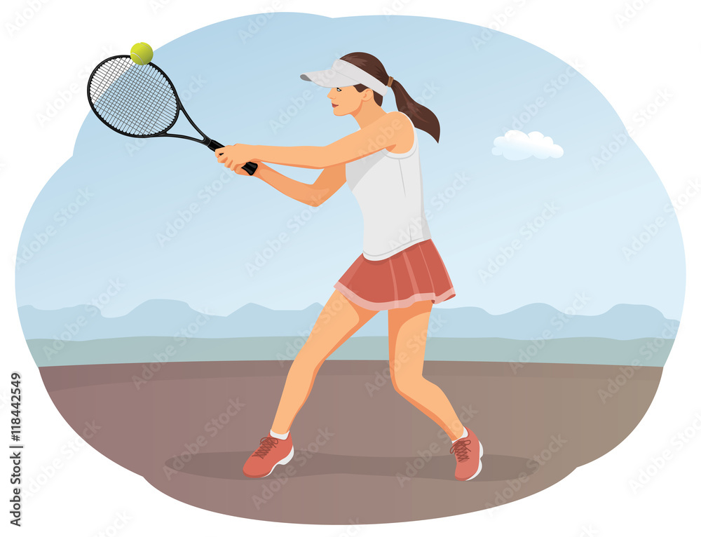 Woman is playing tennis. She is hitting a ball on the tennis court. Wearing  white t-shirt and cap. Healthy lifestyle. Stock Vector | Adobe Stock