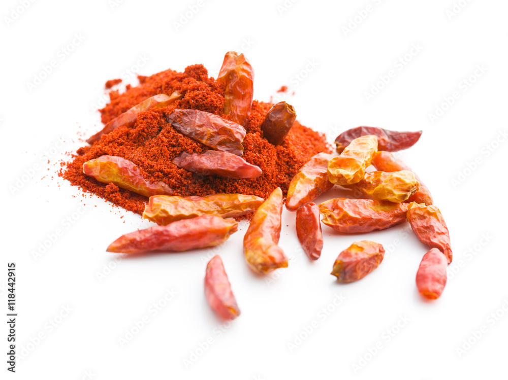 Chili peppers and powdered pepper. Chili peppers and powdered pepper.