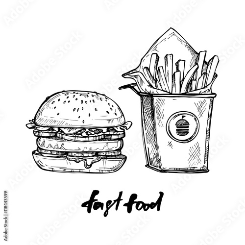 Hand drawn vector illustration - Fast food elements (hamburger,