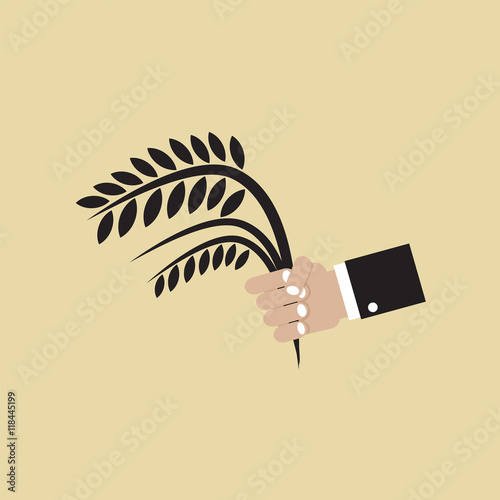 Flat Design Rice Ear In Hand Vector Illustration