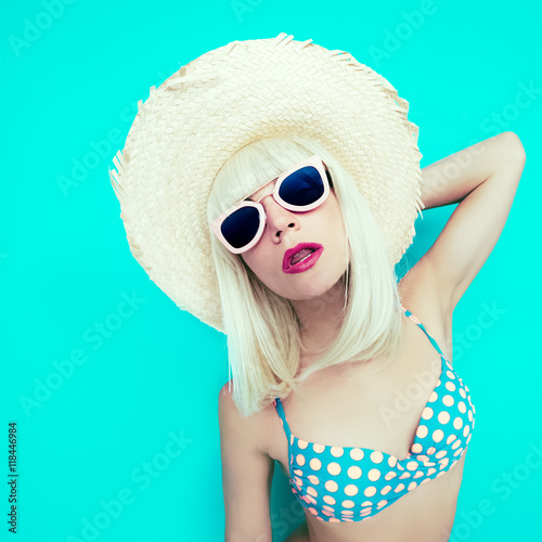  Lady in Swimsuit Polka dot on a blue background. Retro Summer S photo