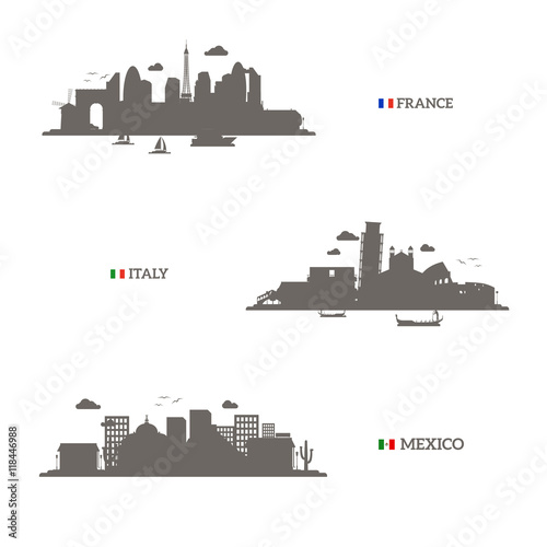 France, Italy and Mexico skyline silhouettes and flags. Vector illustration