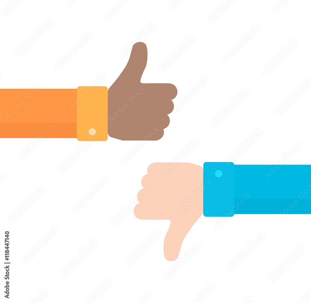 Thumbs up and down vector icon in flat style. Concept of positive and negative feedback from customers. Good and bad gestures isolated on white background Thumbs up and down vector icon in flat style. Concept of positive and negative feedback from customers. Good and bad gestures isolated on white background
