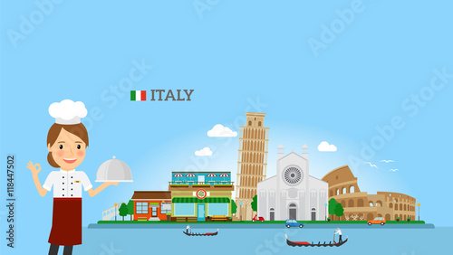 Italian Cuisine background with woman chef near Italy skyline. Vector illustration