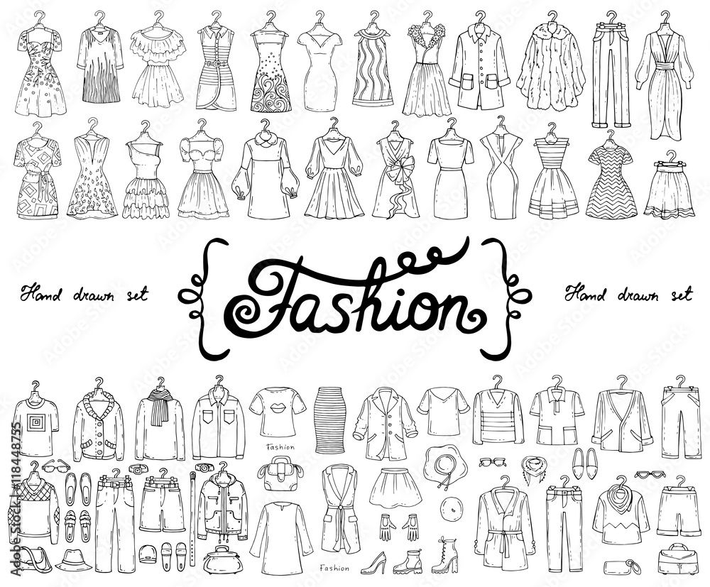 Vector set with hand drawn isolated doodles on the theme of fashion