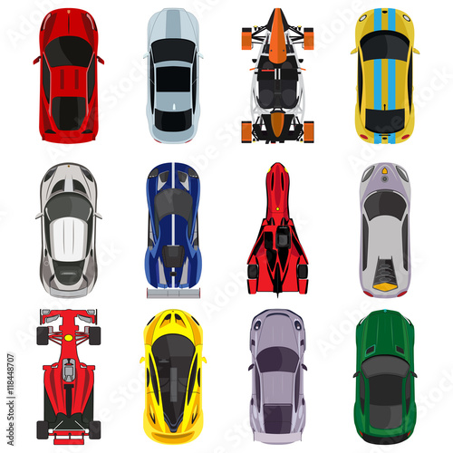 Sport and racing cars top view icons set isolated  vector illustration