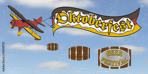 Airplane flying in the sky with a ribbon flag Germany and the text Oktoberfest, resets barrels of beer, retro style, vector illustration