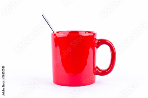 red coffee or tea or milk mug cup and spoon on white background drink isolated
