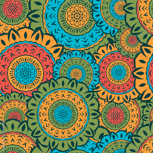 Seamless texture with colored round mandalas