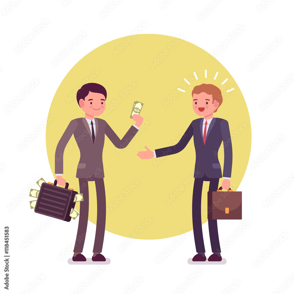 Businessman is giving money to another man. Two men are in a formal wear against green background. Cartoon vector flat-style concept illustration Businessman is giving money to another man. Two men are in a formal wear against green background. Cartoon vector flat-style concept illustration