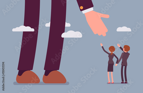 Helping hand for businessmen. Man and woman are in a formal wear. Sky background. Cartoon vector flat-style concept illustration