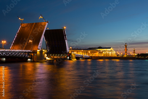 Open Dvortsovy Bridge and view of the Spit of Vasilyevsky Island, Saint-Petersburg, Russia