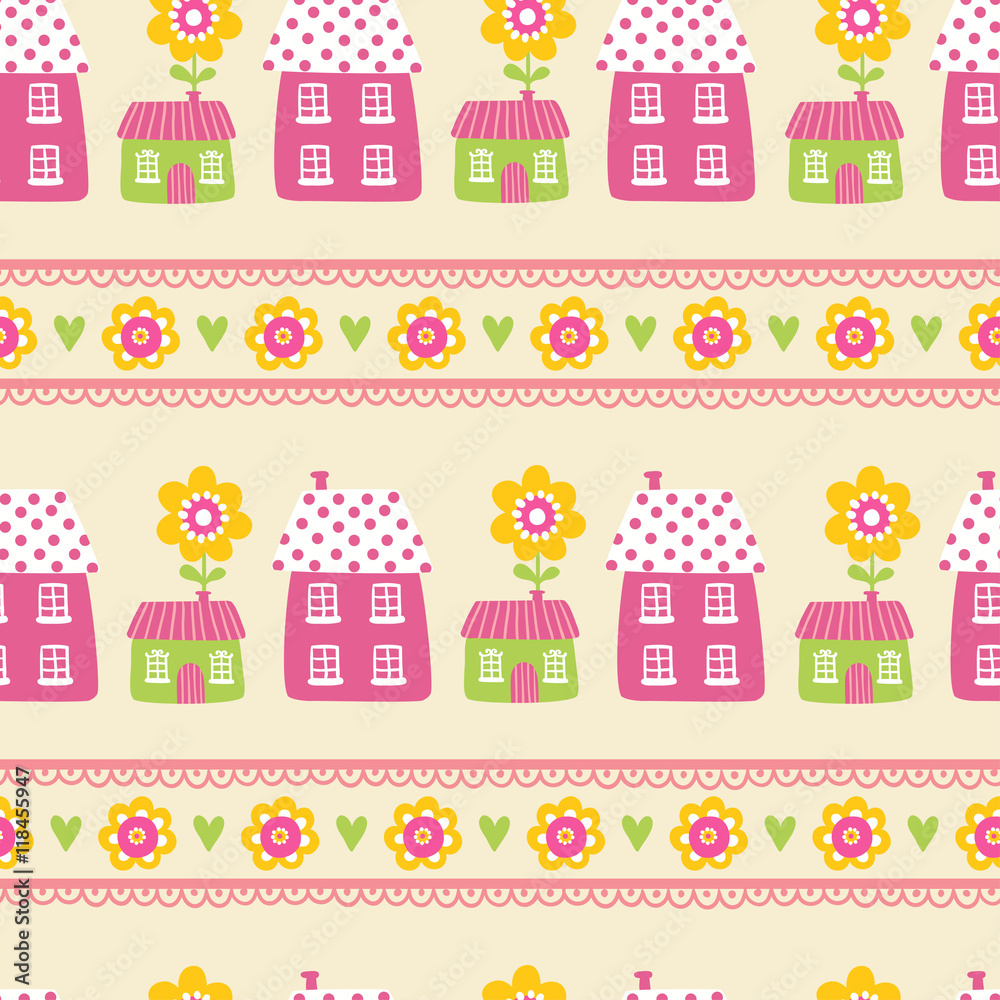 Vector seamless illustration of houses on a yellow background. The pattern of the houses. Wallpaper in a cartoon style with flowers and houses.