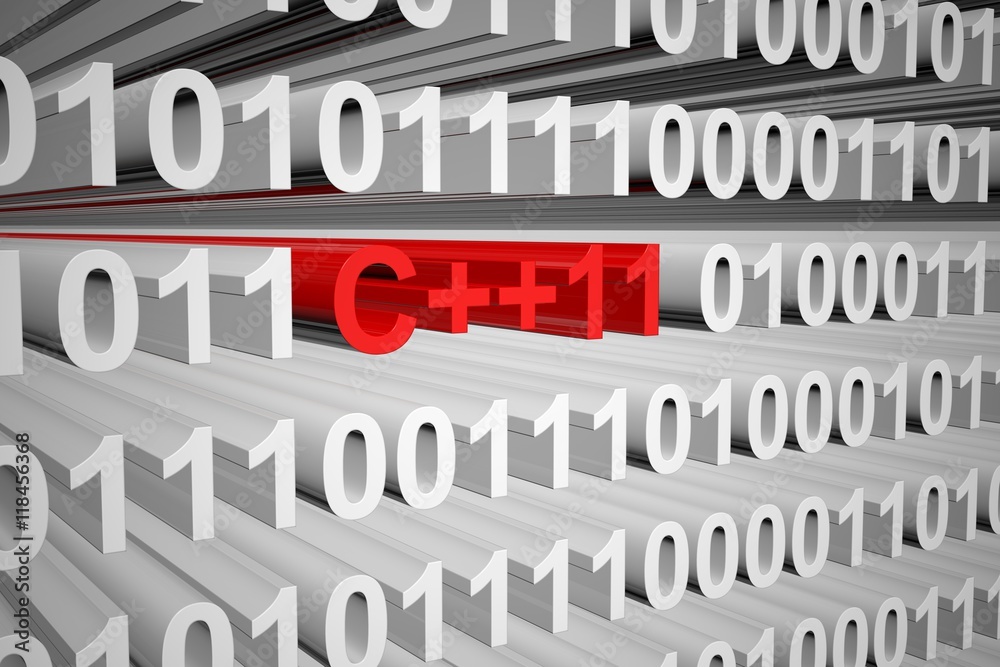 C++11 in the form of binary code, 3D illustration
