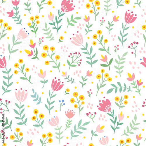 Vector seamless illustration with wild flowers and tulips. Floral pattern.