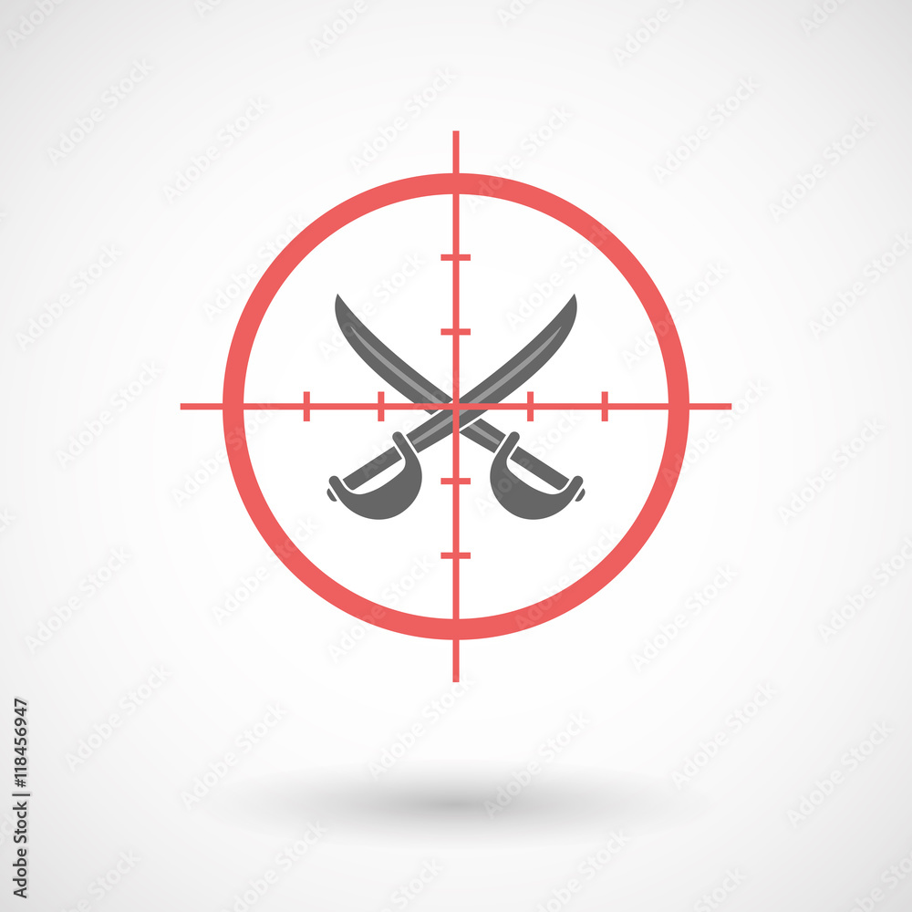 Isolated line art crosshair icon with two swords crossed Isolated line art crosshair icon with two swords crossed