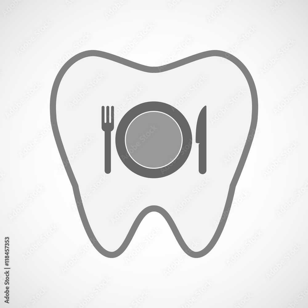 Isolated line art tooth icon with  a dish, knife and a fork icon