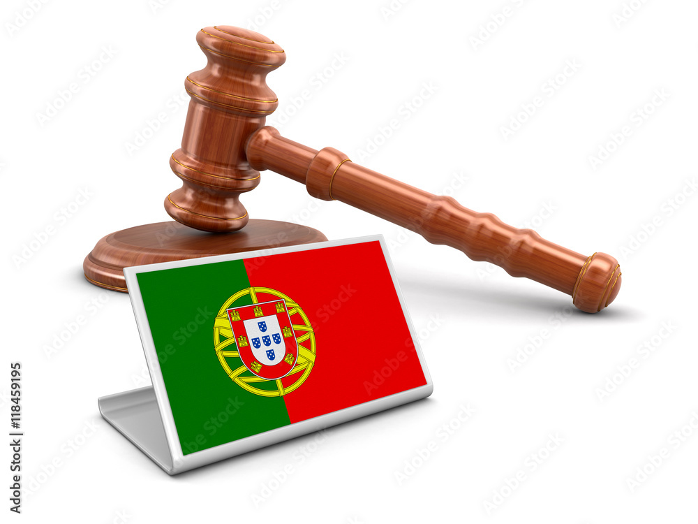 3d wooden mallet and Portuguese flag. Image with clipping path