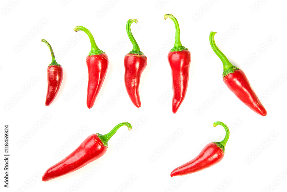 Many ripe red Chilli peppers on white Many ripe red Chilli peppers on white
