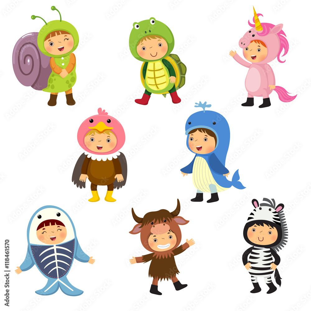 Set of cute kids wearing animal costumes. Set of cute kids wearing animal costumes.