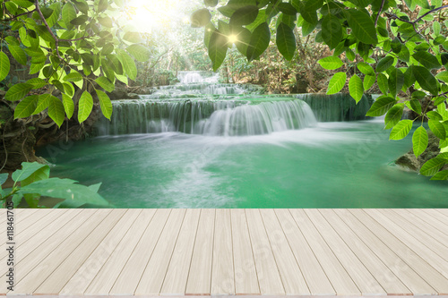 Waterfall with  wood floor