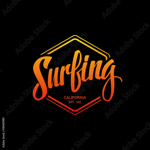 Surfing logo. Surf calligraphy. Handwritten word, t-shirt graphics. Vector illustration.