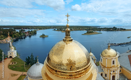 View of lake Seliger and dome Nilo-Stolobensky monastery. Russia