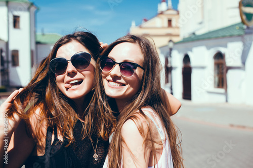 Photography Young pretty Girls posing in the Street, outdoor Portrait, Hipster style, fashio