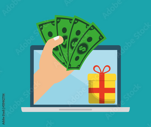 laptop bills gift online payment shopping ecommerce icon. Flat illustration. Vector graphic