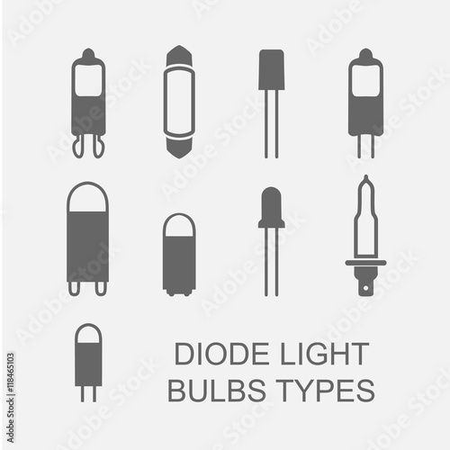 Diode Light bulbs types icon set in grey