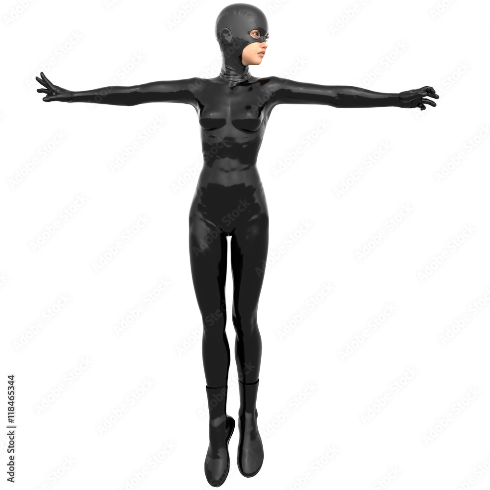 one young superhero slim girl in full black super suit. It upright for the flight. Hands apart in different directions one young superhero slim girl in full black super suit. It upright for the flight. Hands apart in different directions