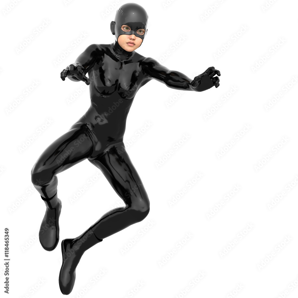 one young superhero slim girl in full black super suit. It's in the air. Hands in the pose of a release of energy. Legs half bent one young superhero slim girl in full black super suit. It's in the air. Hands in the pose of a release of energy. Legs half bent