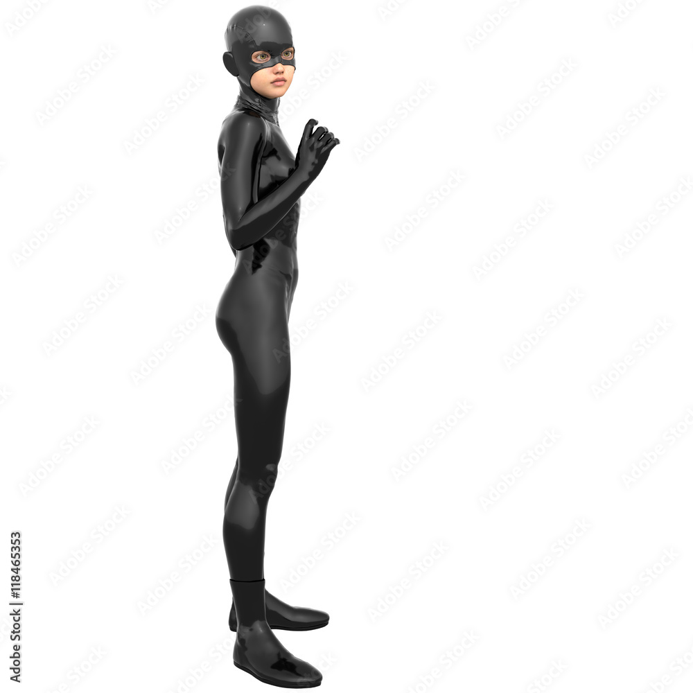 one young superhero slim girl in full black super suit. She stands half turned sideways to the camera. Her right hand in a pose of greeting one young superhero slim girl in full black super suit. She stands half turned sideways to the camera. Her right hand in a pose of greeting