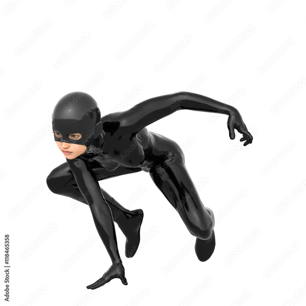 one young superhero slim girl in full black super suit. It sits on the tips of their shoes. Right hand on the floor. In the pose of the spider one young superhero slim girl in full black super suit. It sits on the tips of their shoes. Right hand on the floor. In the pose of the spider
