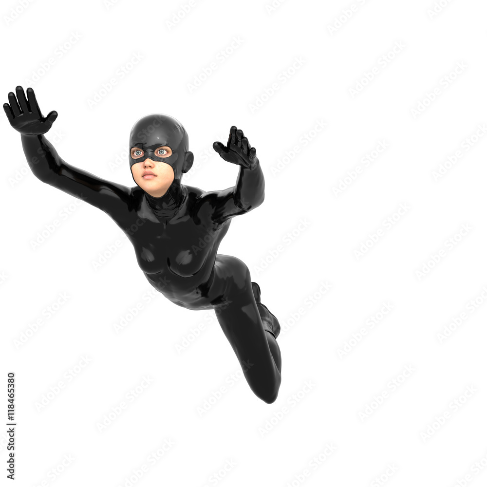 one young superhero slim girl in full black super suit. Flying to the left. The hands directed forward