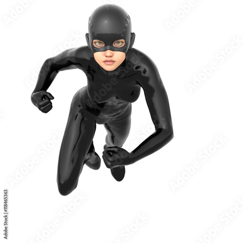 one young superhero slim girl in full black super suit. She jump. Close to the camera. The gaze is directed towards