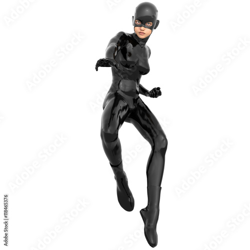 one young superhero slim girl in full black super suit. She flies in the air. One leg half bent. Right hand in a ready position for the shot