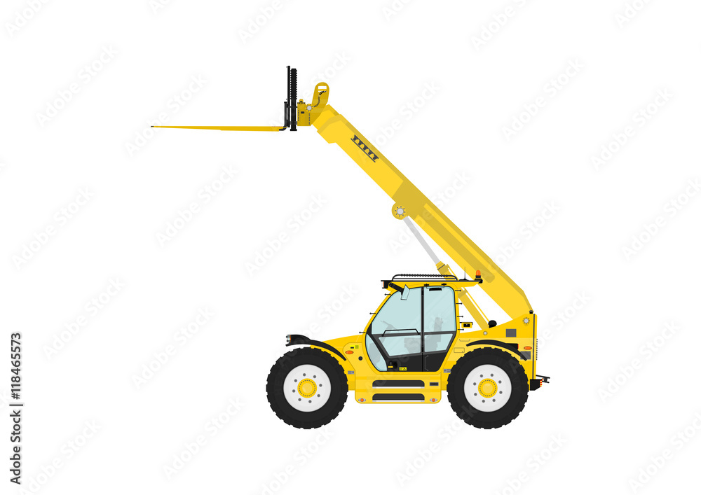Telescopic handler equipped with fork on a white background. Side view. Flat vector