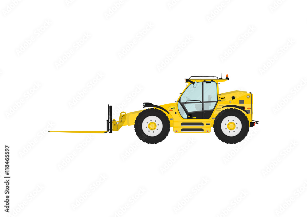 Fototapeta premium Telescopic handler equipped with fork on a white background. Side view. Flat vector